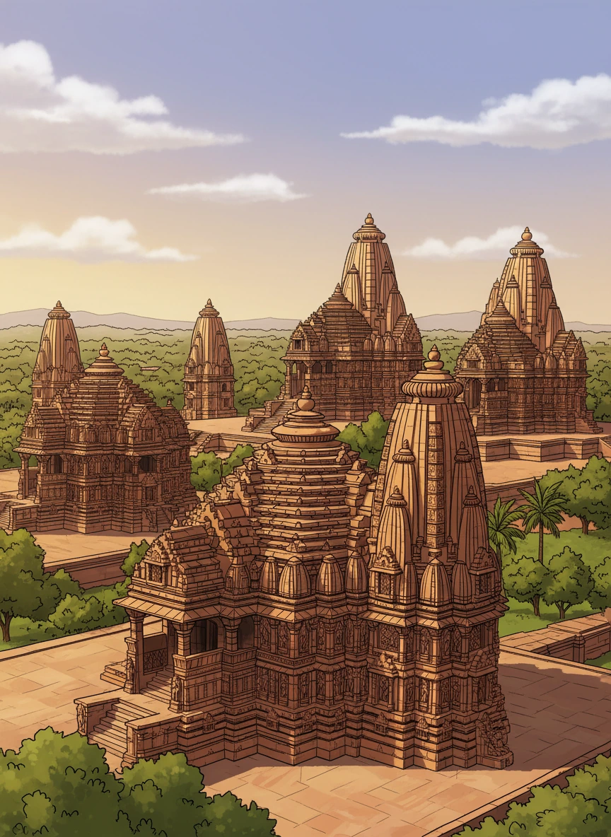 Aerial view of the Khajuraho temple complex showing the layout and landscape