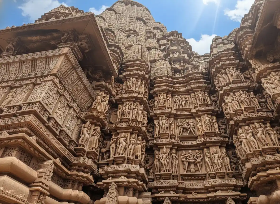 The Kandariya Mahadeva Hindu Temple showing its soaring shikhara and sandstone walls