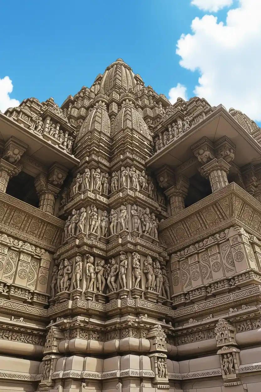 Detailed stone carvings and sculptures created by Chandela dynasty artisans